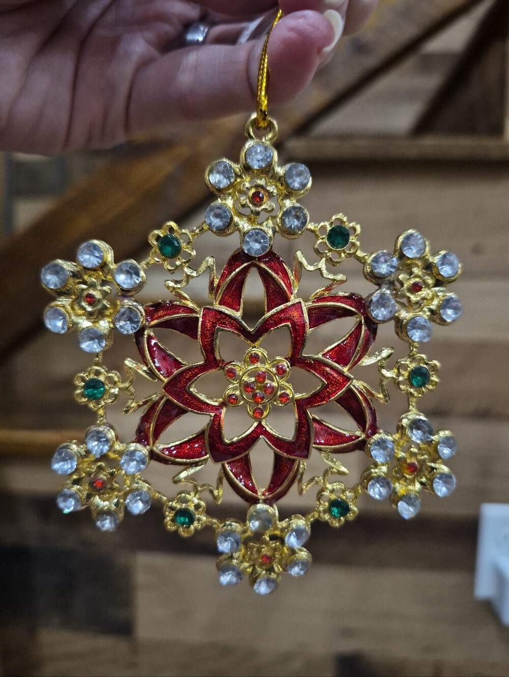 Vintage Oldstock Elegant Red Enamel & Crystal Poinsettia Snowflake Ornament